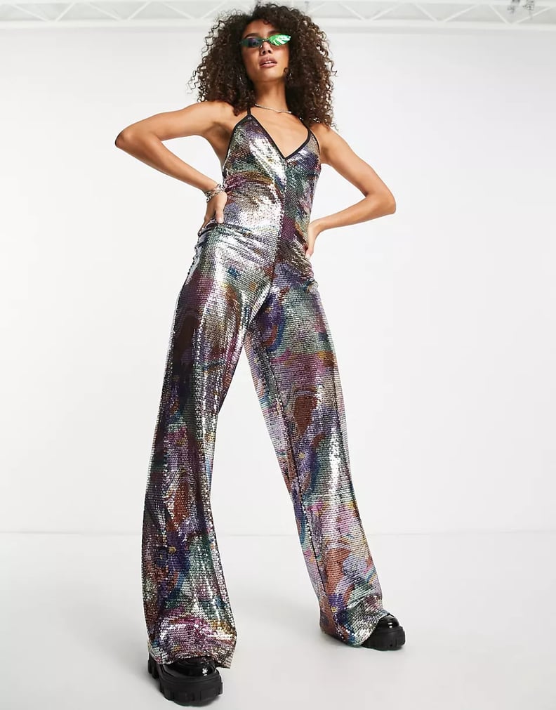 ASOS Design Plunge Halter Neck Jumpsuit With Wide Leg in Printed Sequin