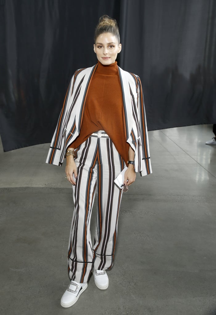 The style star suited up in a striped Smythe suit at the Sally LaPointe show.