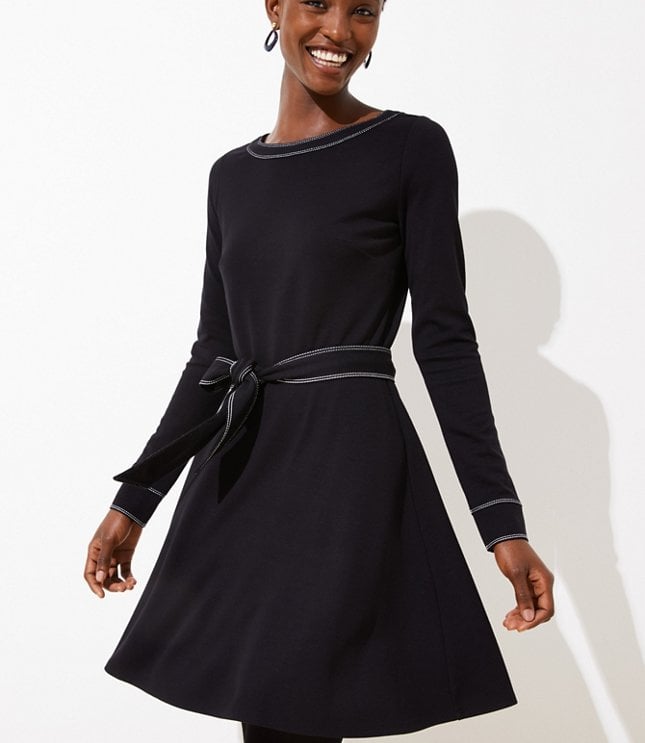 LOFT Topstitched Tie Waist Flare Dress