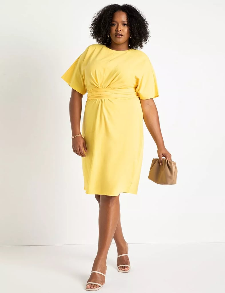 黄色连衣裙:Eloquii十字架面前颤振袖连衣裙