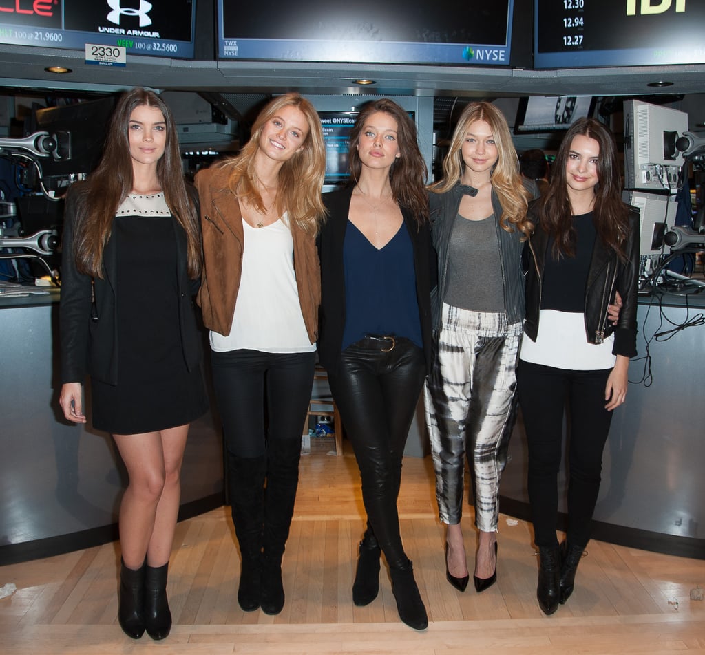 Gigi and fellow models Natasha Barnard, Kate Bock, Emily DiDonato, and Emily Ratajkowski rang the closing bell at the New York Stock Exchange in 2014, and Gigi looked comfortable and casual in tie-dye pants.