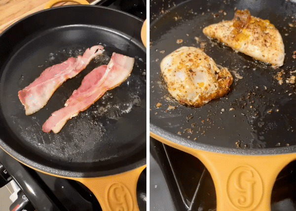 Cooking bacon and eggs in the Great Jones King Sear cast iron pan.