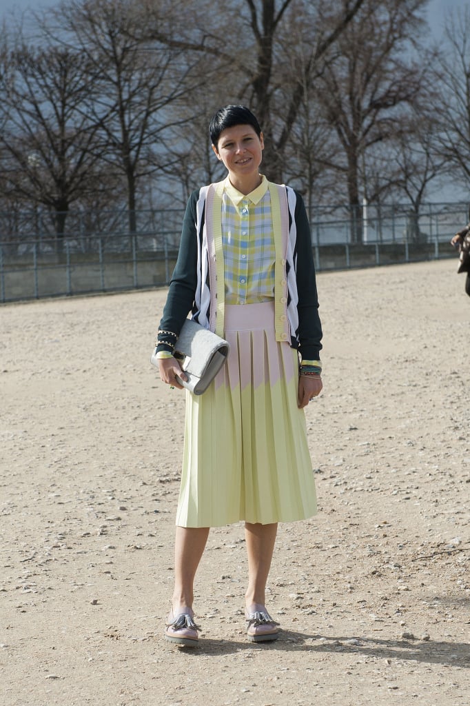 If your scheduled day requires an on-trend outfit that'll impress everyone you pass, consider a multicolored outfit that combines multiple trends. The pale yellows and pinks of this look seem to go together perfectly, though the print and pleat action suggest they weren't made that way.