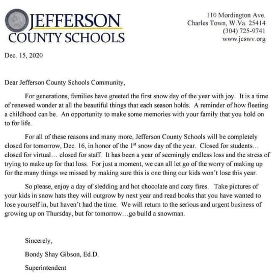 School District's Snow Day Letter Sent to Families