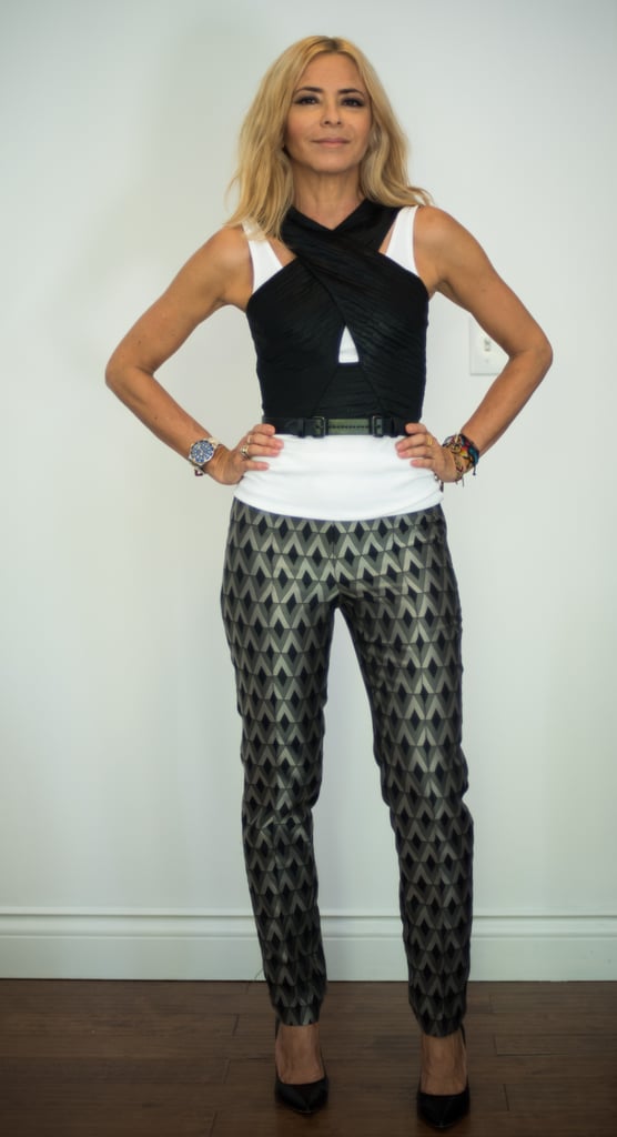 With Printed Pants, a Crop Top, and Black Pumps