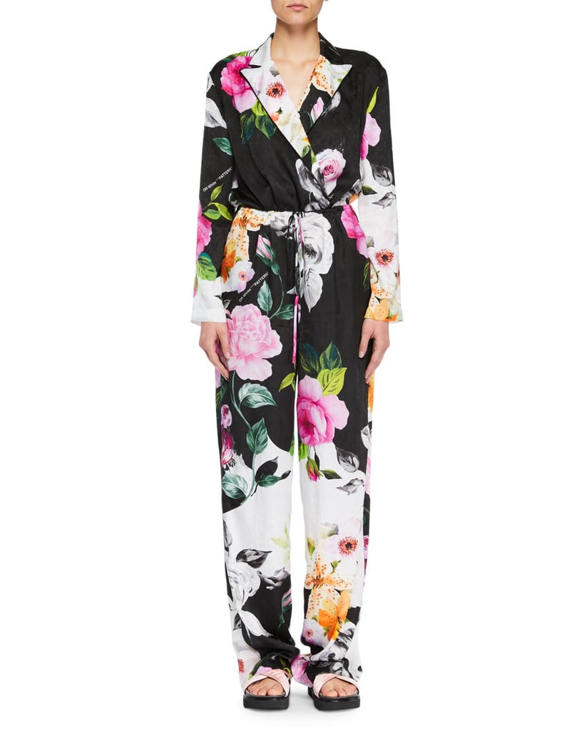 Off-White Long-Sleeve Floral Jacquard Wide-Leg Silk Jumpsuit