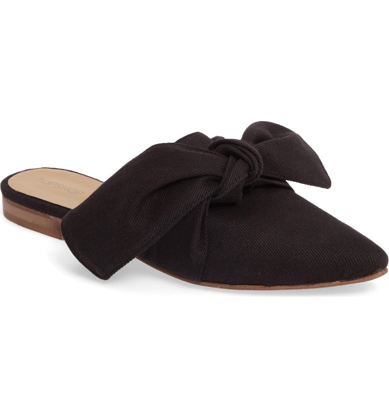 black flat mules with bow