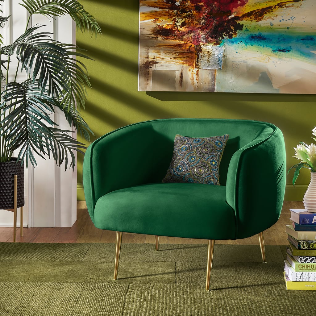 A Big Green Chair: Ember Interiors Cuno Brass Finish Velvet Upholstered Accent Chair