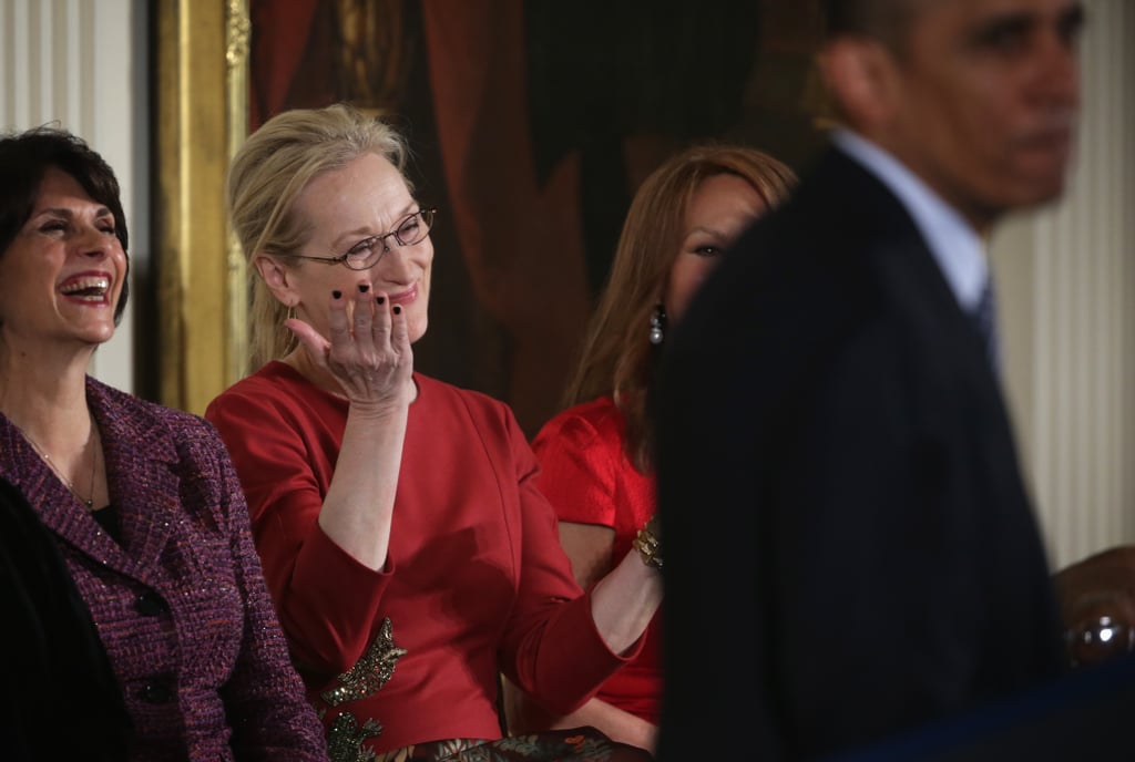 Meryl Streep is the queen of award season in Hollywood, and now she's receiving special honors in Washington DC, too. On Monday, the actress was one of the 19 Americans presented with the Presidential Medal of Freedom, the highest civilian honor given to those who made remarkable contributions to the country in their particular field. During the presentation ceremony, President Obama joked around with Meryl, saying, "I think this is like the third or fourth award Meryl's gotten since I've been in office, and I've said it publicly: I love Meryl Streep. I love her. Her husband knows I love her. Michelle knows I love her. There's nothing either of them can do about it." Stevie Wonder also received the honor, and Obama remarked that Stevie's Talking Book album was the first he bought with his own money. The full list of honorees includes Ethel Kennedy, author Isabel Allende, journalist Tom Brokaw, and actress Marlo Thomas. Take a look at the best pictures from the event, including some hilarious photos of Meryl's sweet reaction.
