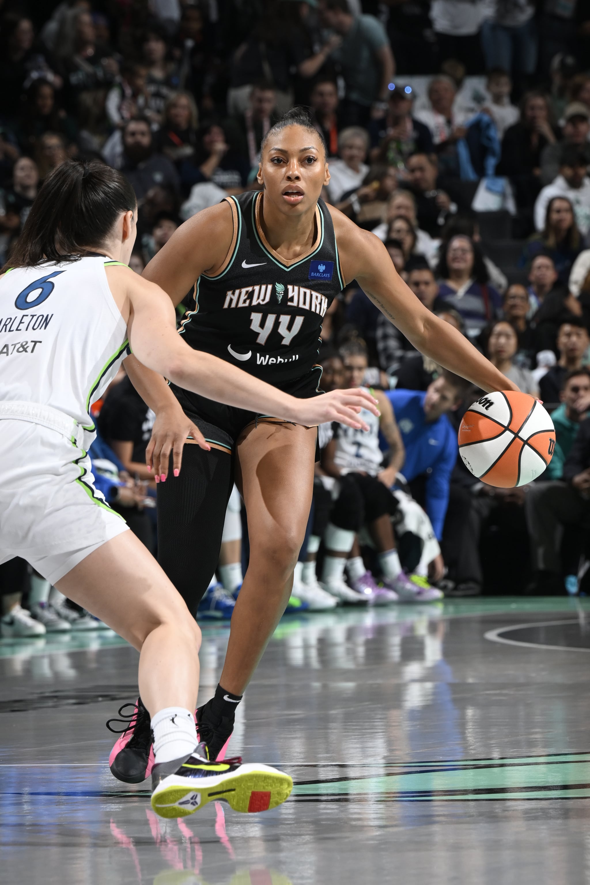 BROOKLYN, NY - OCTOBER 20: Betnijah Laney-Hamilton #44 of the New York Liberty dribbles the ball during the game against the Minnesota Lynx during Game 5 of the WNBA Finals on October 20, 2024 in Brooklyn, New York. NOTE TO USER: User expressly acknowledges and agrees that, by downloading and or using this photograph, user is consenting to the terms and conditions of the Getty Images License Agreement. Mandatory Copyright Notice: Copyright 2024 NBAE (Photo by David Dow/NBAE via Getty Images)