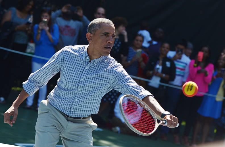 Hitting a tennis ball during the Easter Egg Roll in 2015.