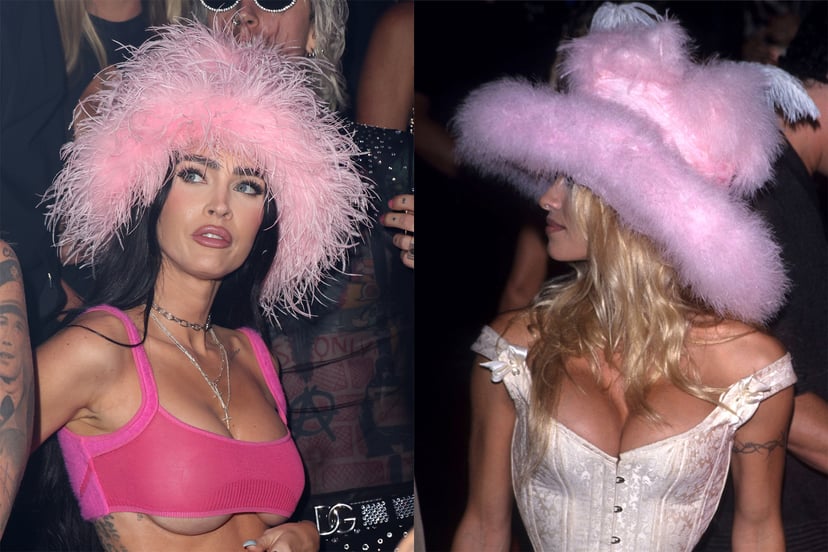 Rihanna channels Pamela Anderson in pink furry hat, sheer dress