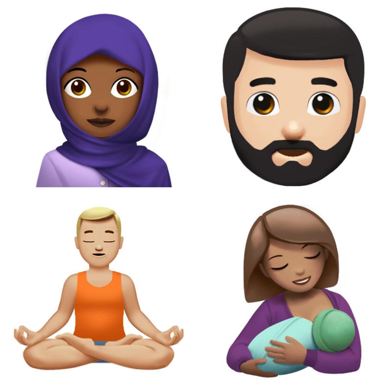 Meet woman with headscarf, bearded person, person in Lotus position, and breastfeeding emoji.