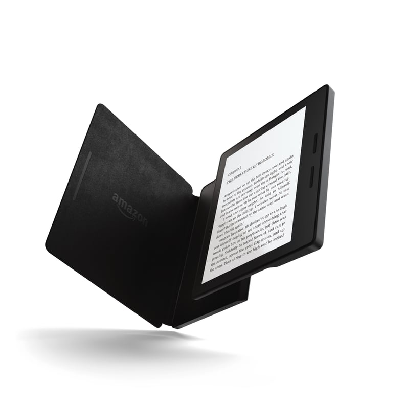 Here is the Kindle Oasis with the black leather charging cover.