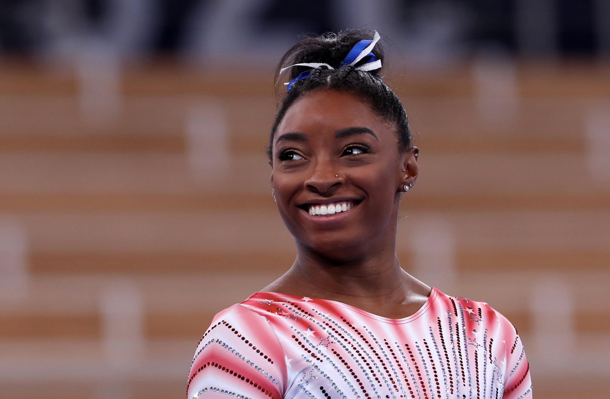 TOKYO, JAPAN - AUGUST 03: Simone Biles of Team United States reacts before the Women's Balance Beam Final at Ariake Gymnastics Centre on August 03, 2021 in Tokyo, Japan. (Photo by Xavier Laine/Getty Images)