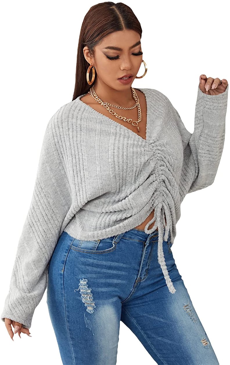 A Cute Top: Romwe V-Neck Drawstring Ruched Front Long Batwing Sleeve Tee Shirt