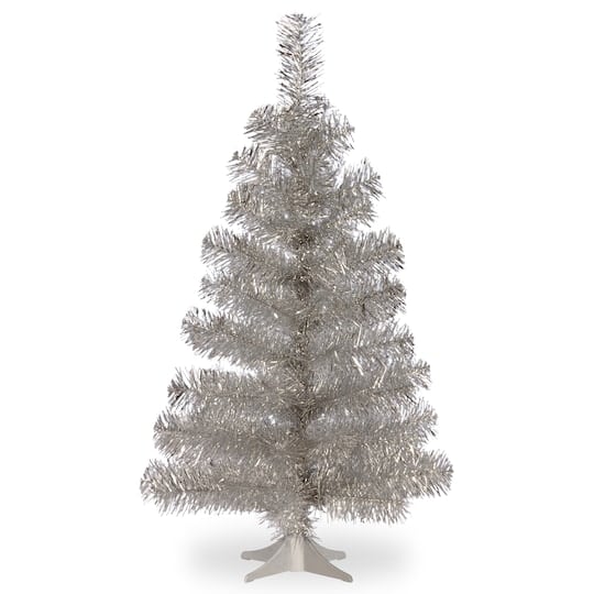 Unlit Silver Tinsel Artificial Christmas Tree
