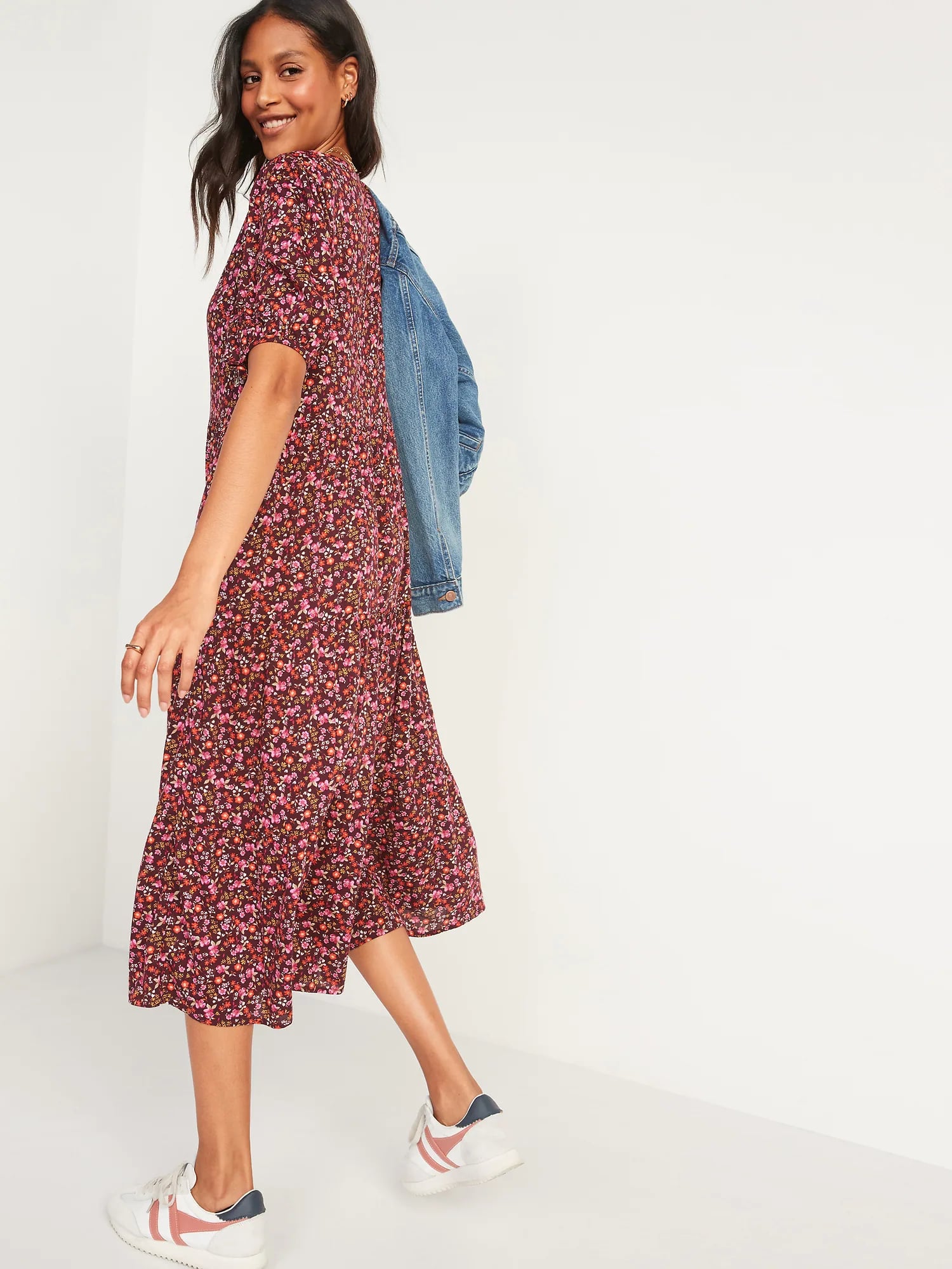 Floral Puff-Sleeve Button-Front Midi ...