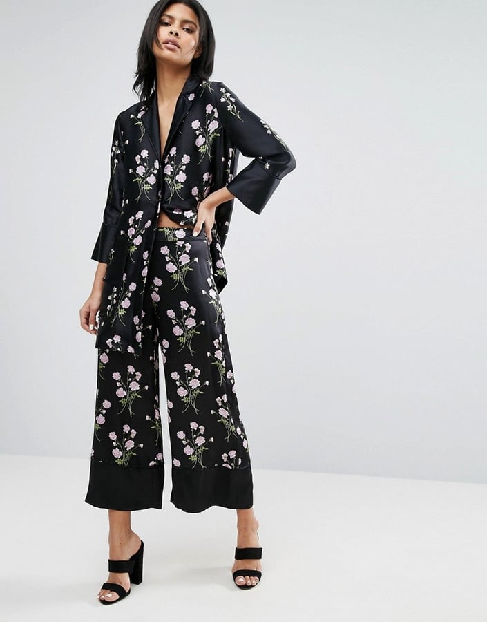 Warehouse Floral Silk Cropped Wide-Leg Pants