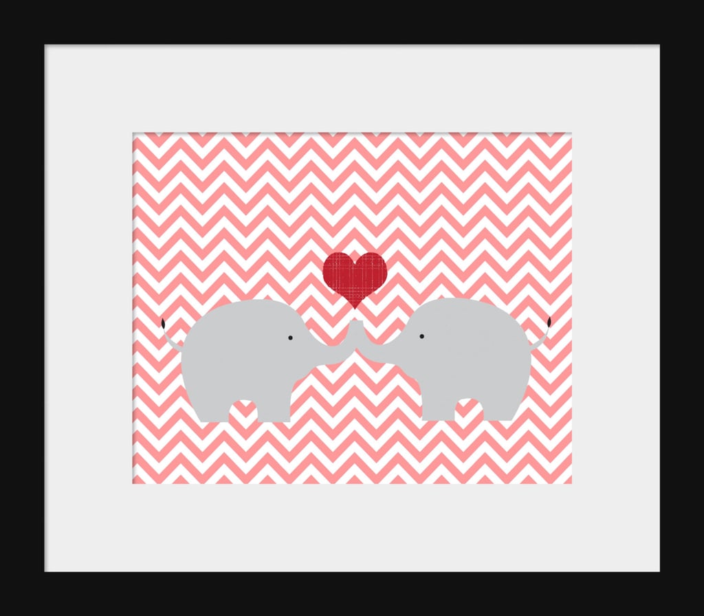 Animals get a contemporary upgrade with the zigzag pattern on this elephant love print ($13).
