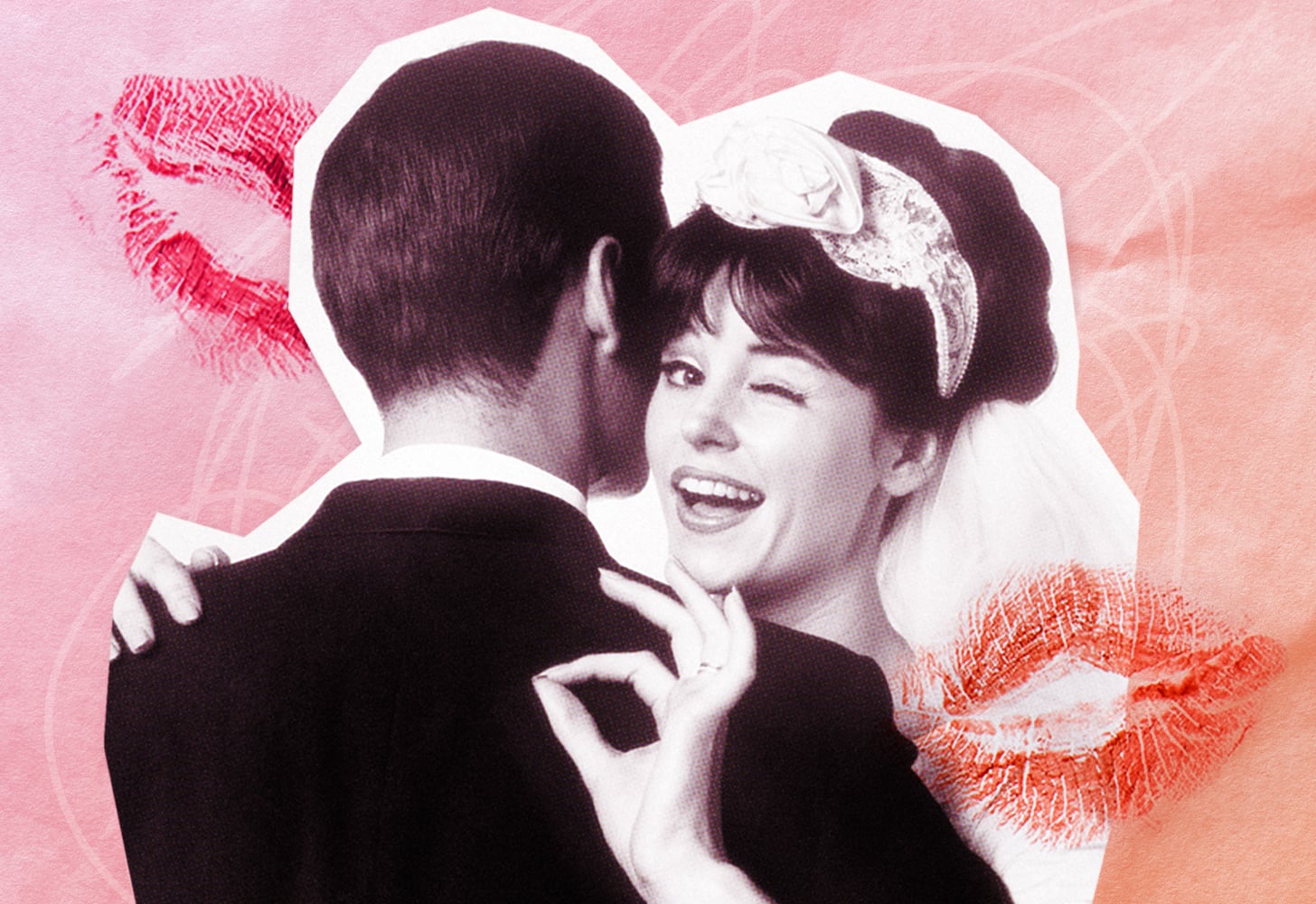 Black and White Photo of Bride at Wedding Hugging Her Husband and Winking at Camera