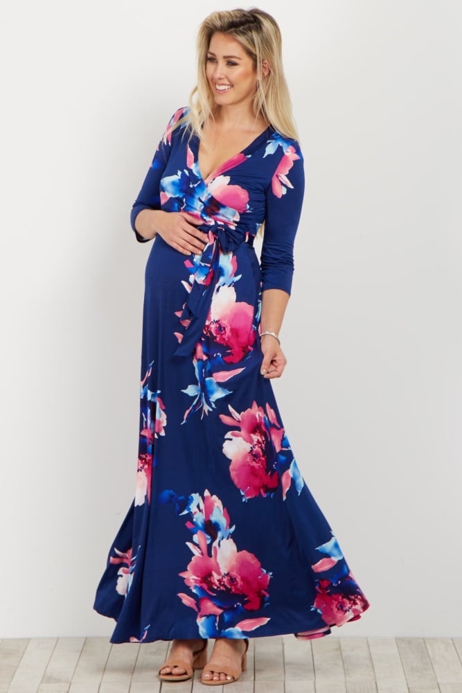 Navy Floral Abstract Wrap Maternity/Nursing Maxi Dress