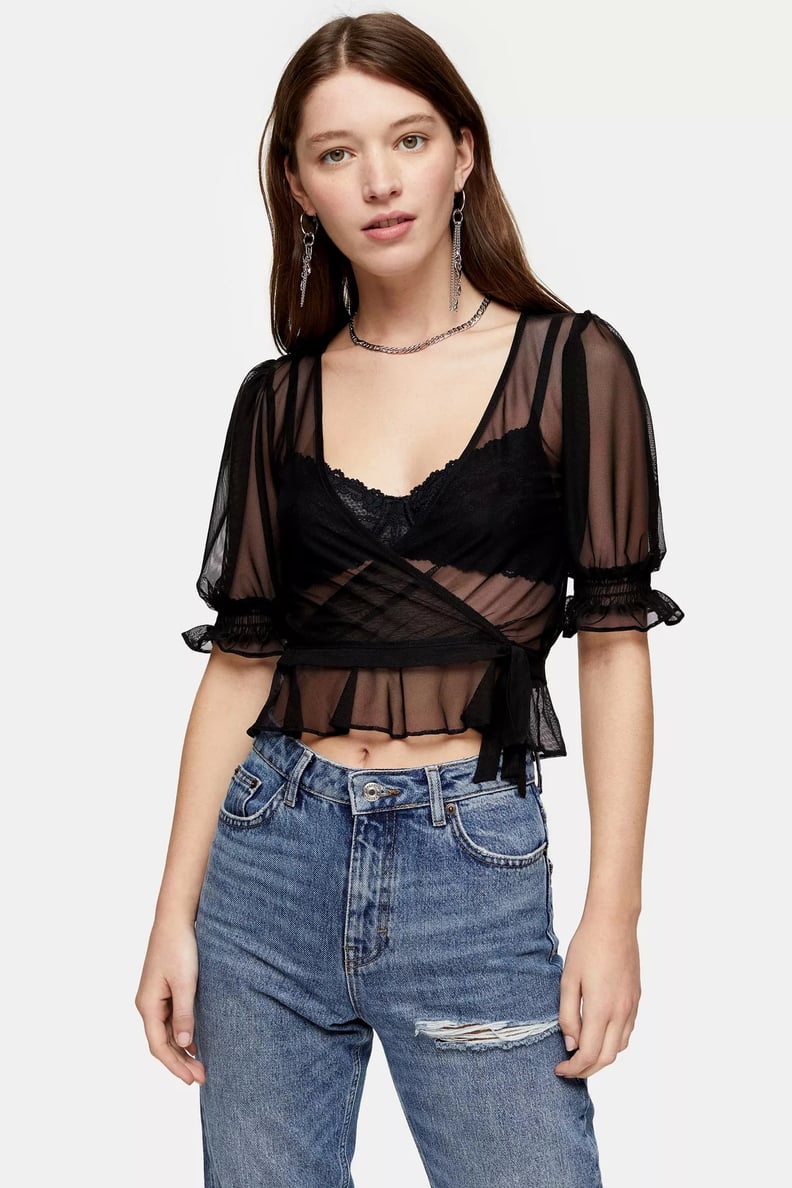 Topshop Black Mesh Wrap Top