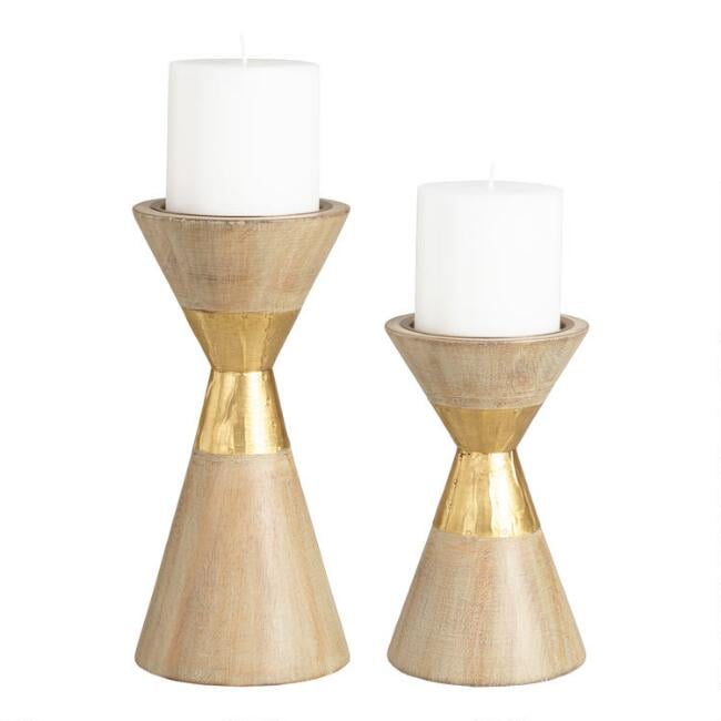 Gold Metal and Wood Contemporary Pillar Candleholder