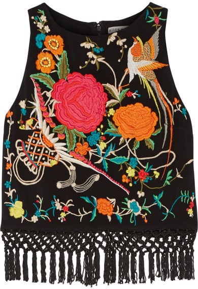 Alice + Olivia Clarice Macramé-Trimmed Embroidered Georgette Top ($330)