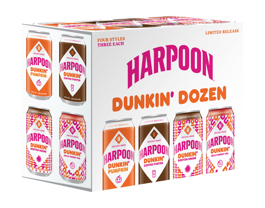 Dunkin' and Harpoon Brewery have teamed up to launch doughnut-infused beers made out of real flavors from the coffee and doughnut chain. The new limited-edition beers — Jelly Donut IPA and Boston Kreme Stout — combine the sugary sweetness of classic Dunkin' bites with the maltiness of Harpoon's beers, making them the perfect drink (dessert?) for the fall. And if those weren't enough to get you in the autumn mood, the doughnut flavors are also joined by a new Pumpkin Spiced Latte Ale this September.
If you're wondering how these doughnut-beer combos might taste, Dunkin' described the Boston Kreme Stout as a "creamy Dry Irish Stout" brewed with real Dunkin' doughnuts and cacao nibs, while the Jelly Donut IPA is a "slightly hazy IPA" with "bright notes of jelly and citrus." As for the pumpkin spice ale, it's "brewed with real pumpkin, pumpkin pie spices, and a splash of coffee" for easy drinking. They all sound pretty dang delicious, if you ask me. 
The limited-edition beers, in addition to the Harpoon Dunkin' Coffee Porter from previous years, will be available on grocery shelves in just a few days, in the form of a mixed 12-pack for about $15. The Pumpkin Spiced Latte Ale will also be sold on its own in a bottled six-pack, as well as on draft at some Harpoon Brewery locations. Get a closer look at the new Harpoon Dunkin' beers below.