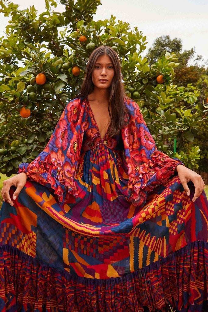 Farm Rio Blue Abstract Patches Maxi Dress