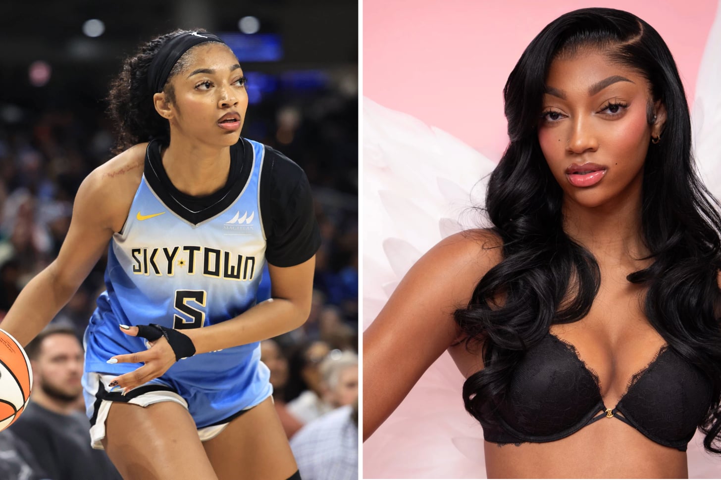 Angel Reese playing basketball and modeling for Victoria's Secret.
