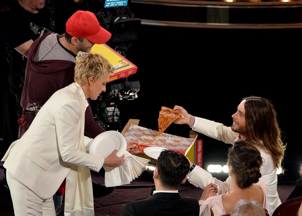 Ellen DeGeneres handed out pizza to Jared Leto.