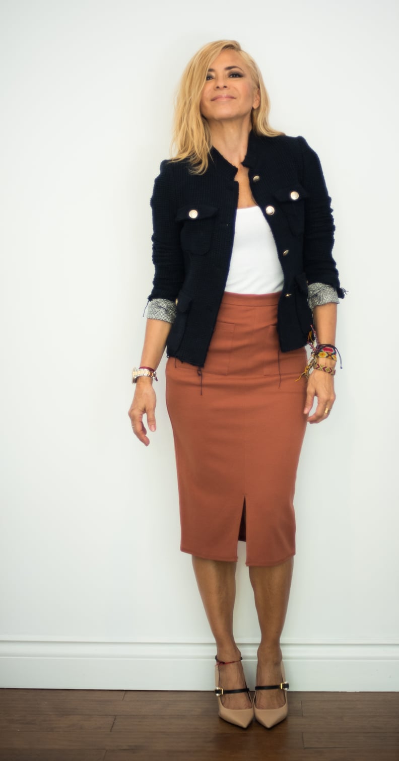 With a Pencil Skirt, a Dark Jean Jacket, and Neutral Pumps