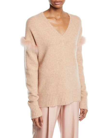 Sally LaPointe Fox-Fur Trim V-Neck Cashmere-Silk Pullover Sweater