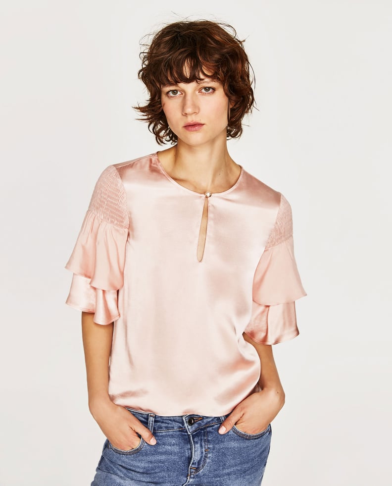 Zara Satin Top With Ruffled Sleeves