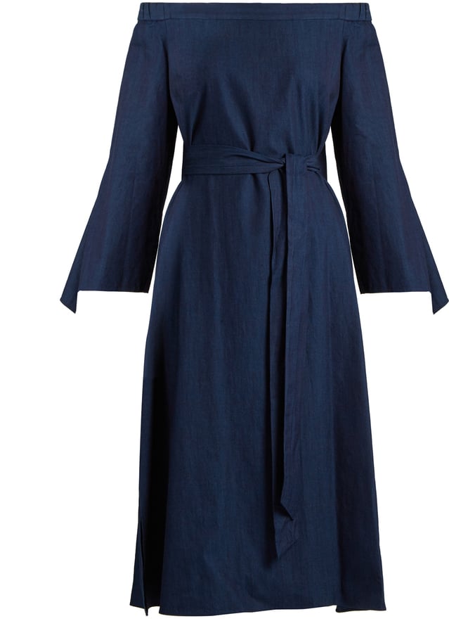 Tibi Off-the-Shoulder Tie-Cuff Denim Dress