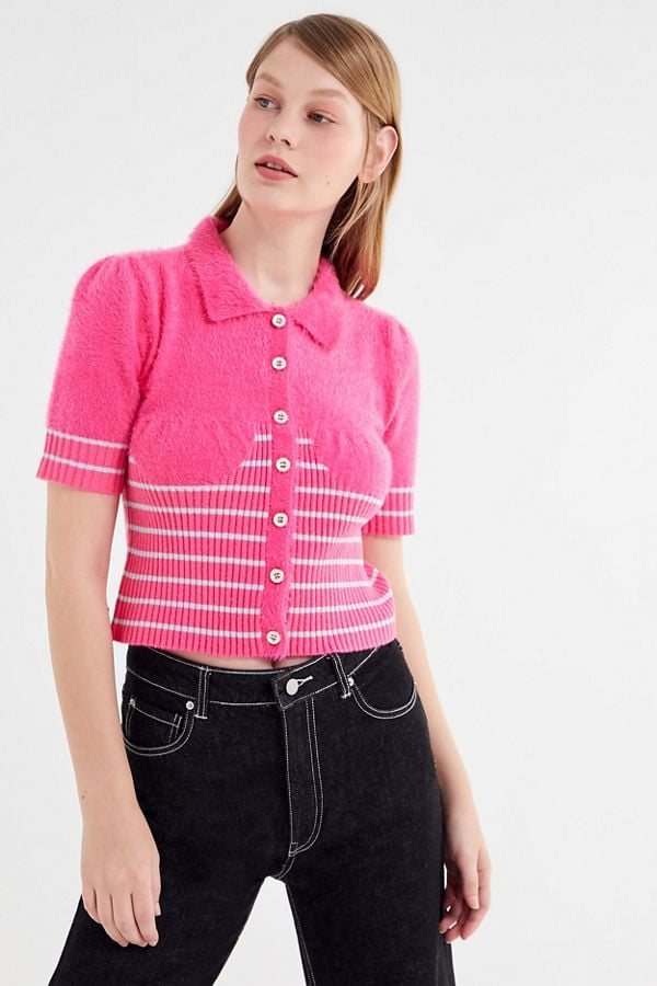House of Sunny Eyelash Button-Front Polo Shirt
