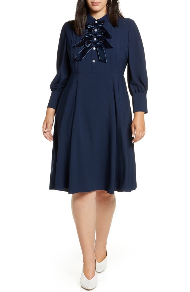 Halogen x Atlantic-Pacific Bow Detail Fit & Flare Dress in Navy Blue