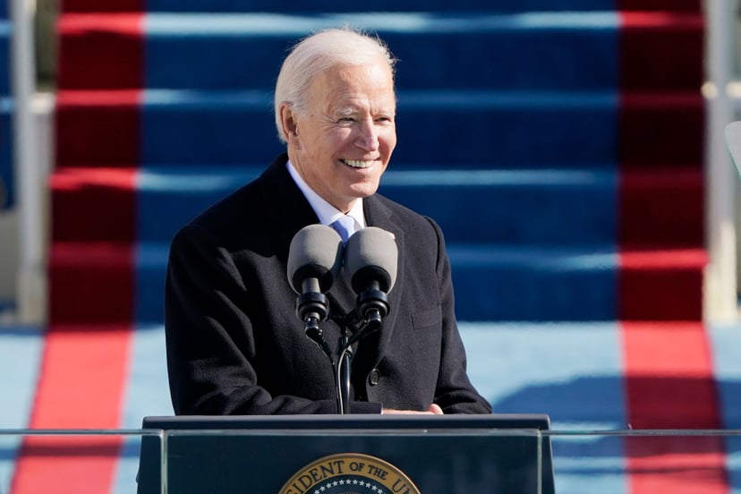 TOPSHOT - US President Joe Biden delivers his Inauguration speech after being sworn in as the 46th US President on January 20, 2021, at the US Capitol in Washington, DC. (Photo by Patrick Semansky / POOL / AFP) (Photo by PATRICK SEMANSKY/POOL/AFP via Gett