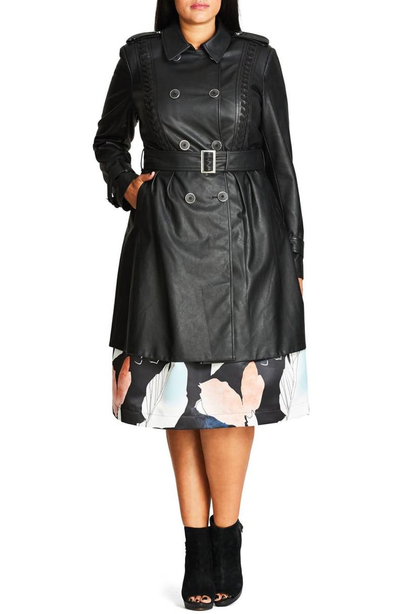 City Chic Vinyl Weave Braid Detail Faux Leather Trench Coat