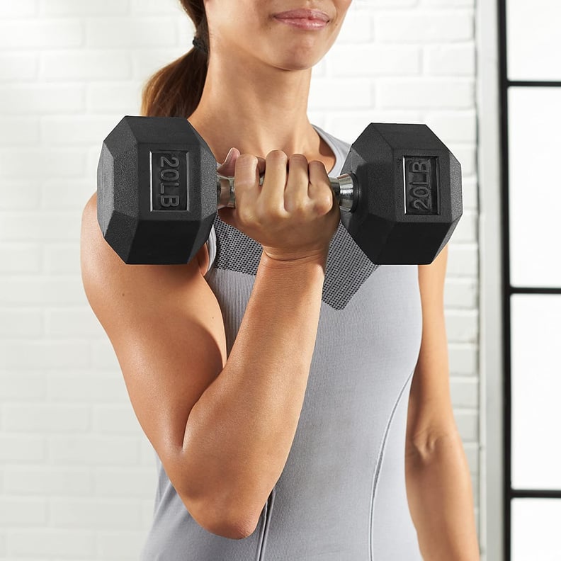 A Heavy-Duty Dumbell: Amazon Basics Rubber Encased Hex Dumbbell Hand Weight
