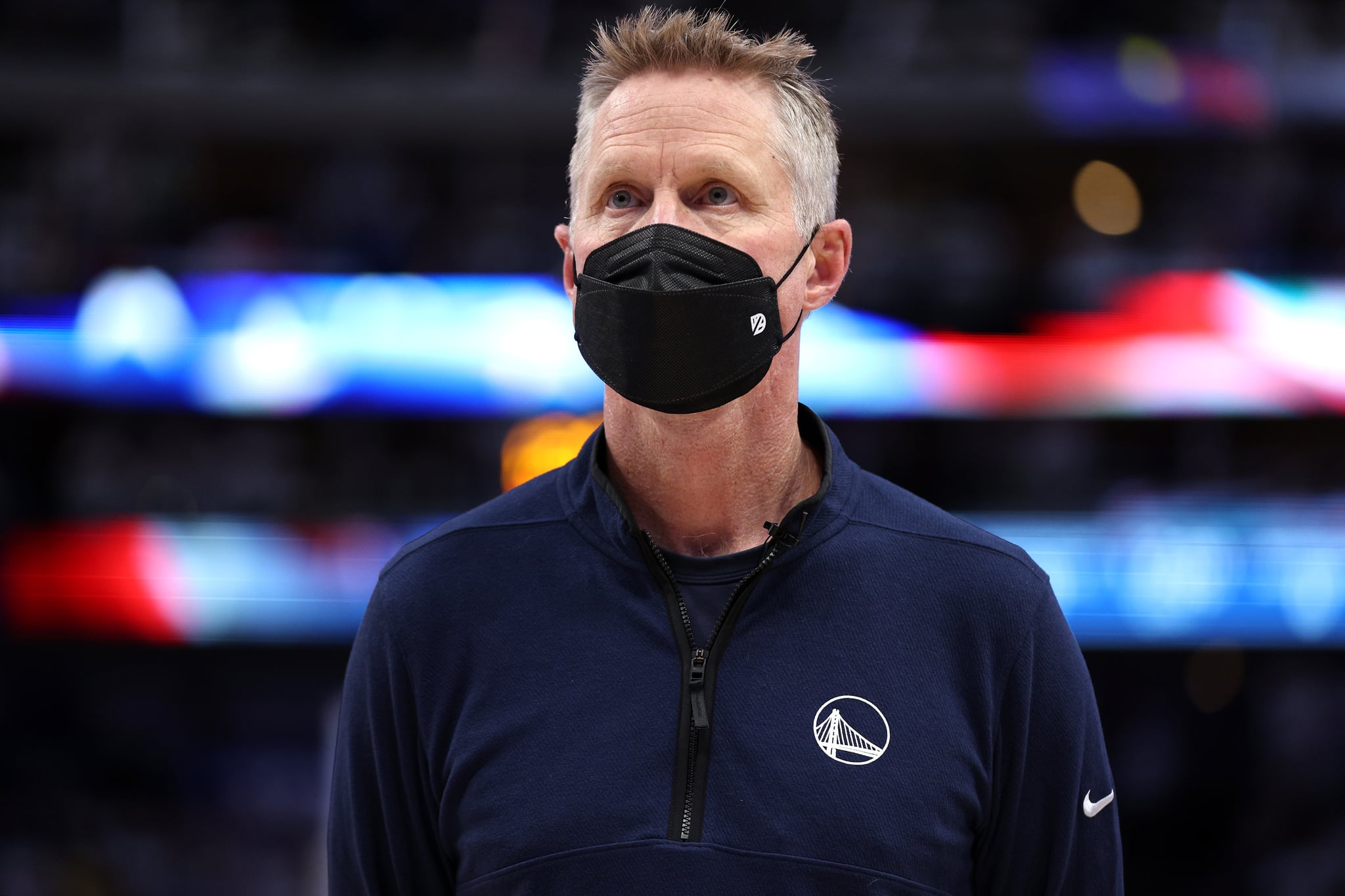 DALLAS, TEXAS - MAY 24: Head coach Steve Kerr of the Golden State Warriors looks on during the national anthem prior to Game Four of the 2022 NBA Playoffs Western Conference Finals against the Dallas Mavericks at American Airlines Center on May 24, 2022 in Dallas, Texas. NOTE TO USER: User expressly acknowledges and agrees that, by downloading and or using this photograph, User is consenting to the terms and conditions of the Getty Images License Agreement. (Photo by Tom Pennington/Getty Images)