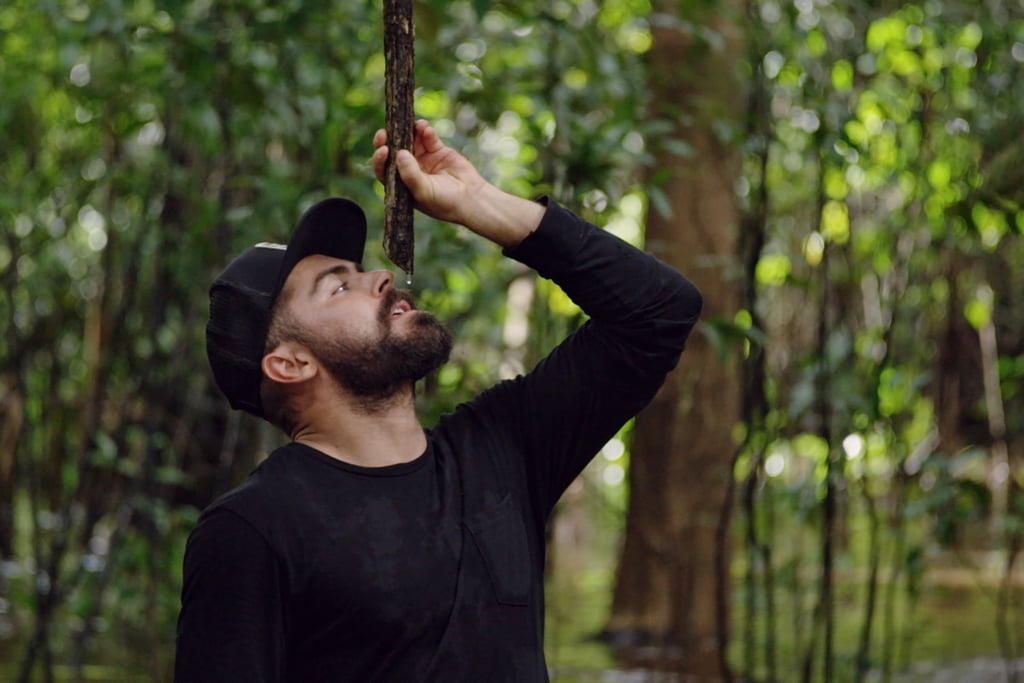 Wearing all black, Efron becomes one with nature as he sucks up earth's natural remedies.