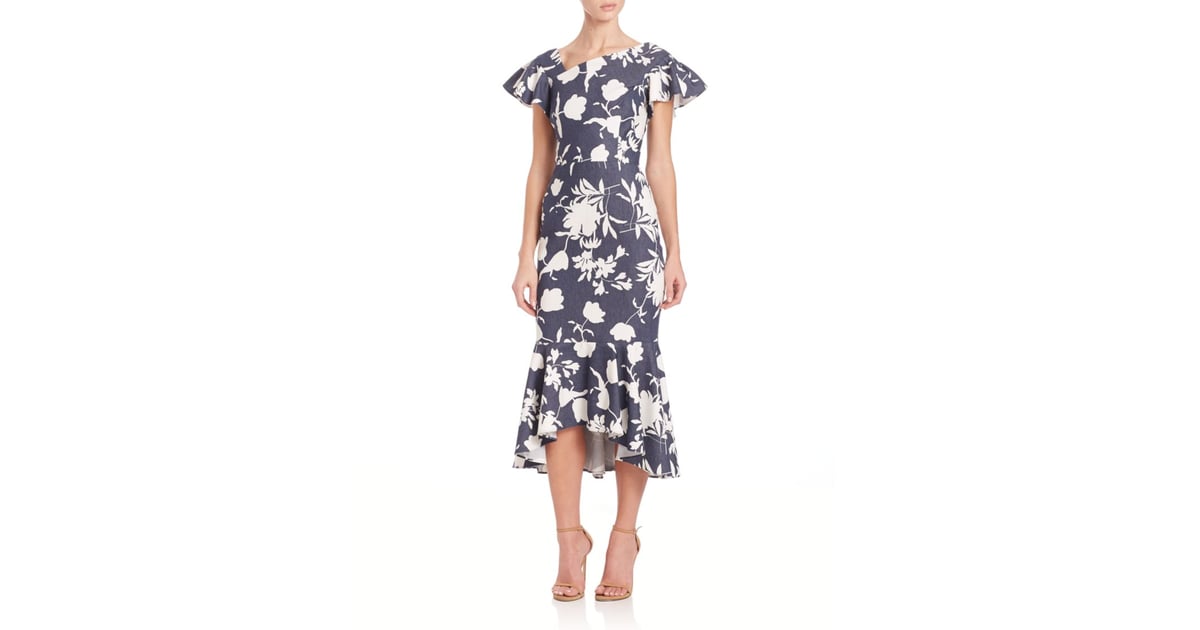 Teri Jon by Rickie Freeman Chambray Floral Ruffle Dress ($390) | Modest ...