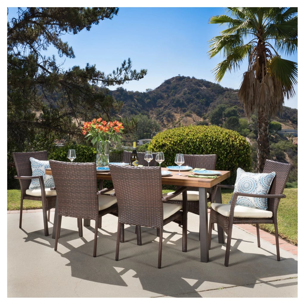 A Large Patio Set: Cordella Rectangle All-Weather Wicker and Wood Patio Dining Set