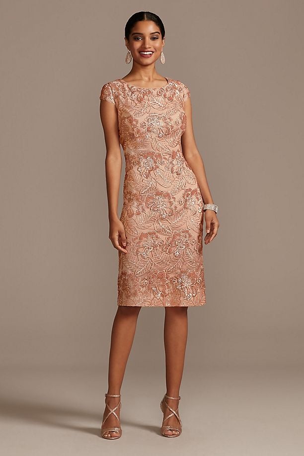 Alex Evenings Sequin Lace Knee-Length Sheath with Cap Sleeves