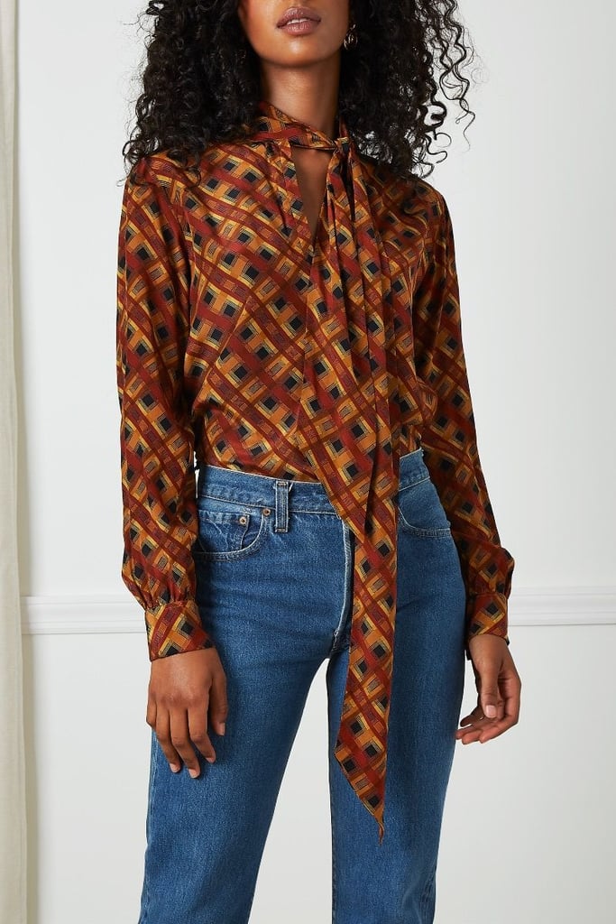 Yves Saint Laurent 1980s Rive Gauche Orange Plaid Silk Blouse