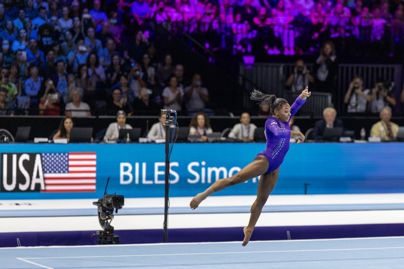 ANTWERP, BELGIUM - October 08:   Simone Biles of the United States performs her routine during her gold medal win in the Women's Floor Final at the Artistic Gymnastics World Championships-Antwerp 2023 at the Antwerp Sportpaleis on October 8th, 2023 in Ant