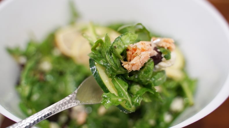 bite of Olivia Wilde salmon salad recipe on a fork